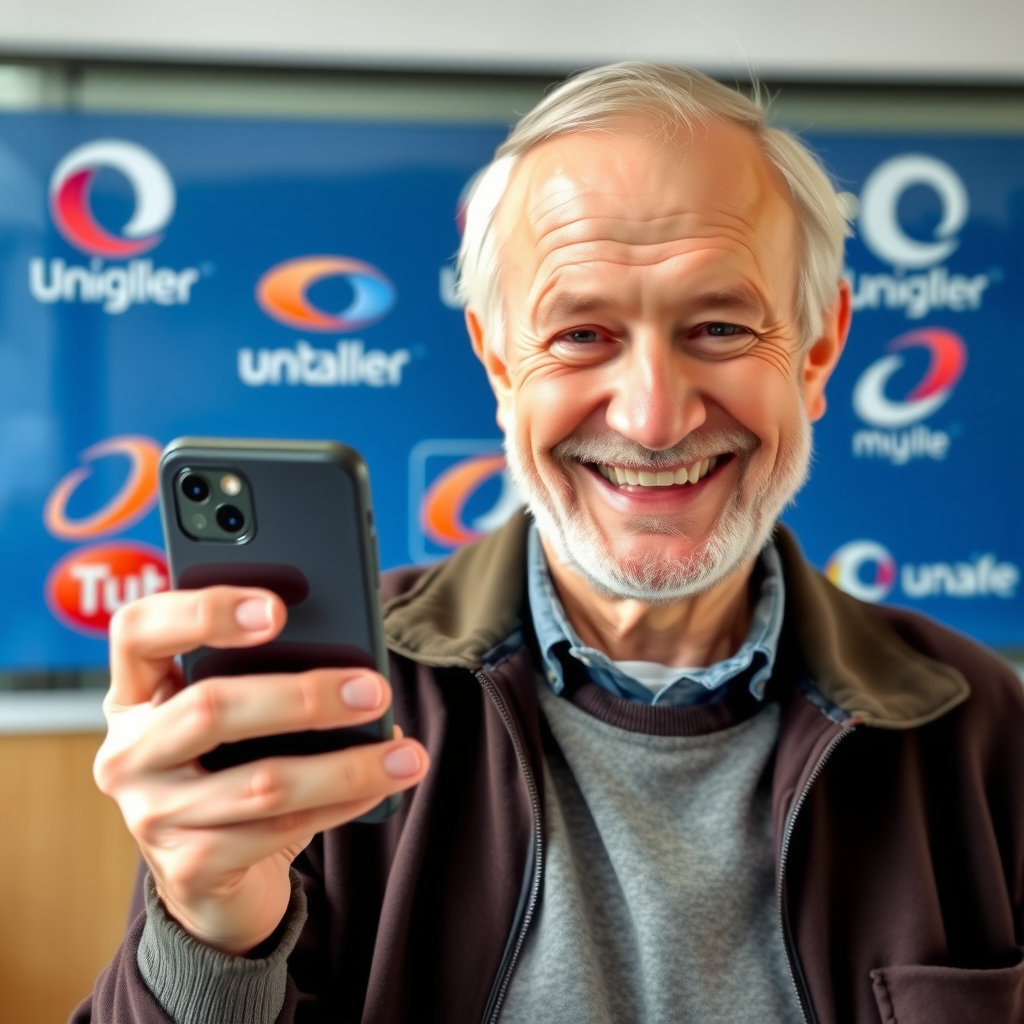 Starszy mężczyzna trzymający nowoczesny smartfon, uśmiechnięty, w tle widoczne logo różnych operatorów mobilnych, jasne i przyjazne oświetlenie