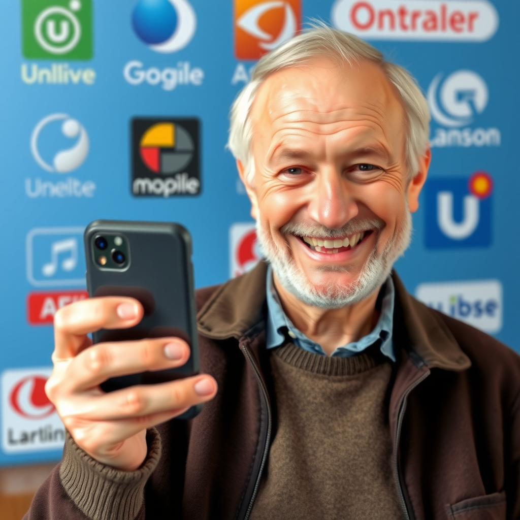 Starszy mężczyzna trzymający nowoczesny smartfon, uśmiechnięty, w tle logo różnych operatorów mobilnych