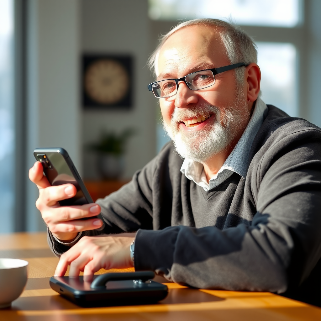Starszy mężczyzna w okularach trzymający telefon komórkowy i uśmiechający się, siedząc przy stole w jasnym pokoju