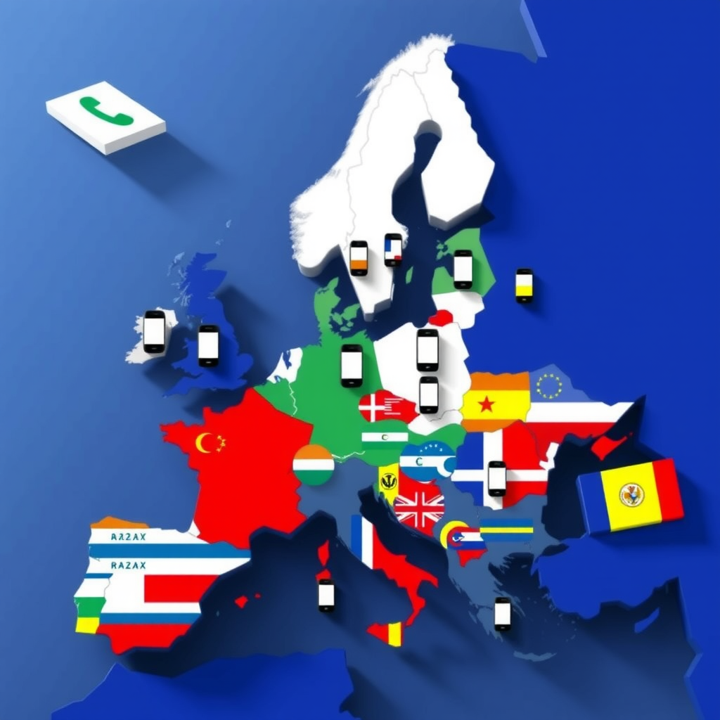 Mapa Unii Europejskiej z symbolami telefonów komórkowych i flagami krajów członkowskich, ilustrująca zasady roamingu w 2024 roku