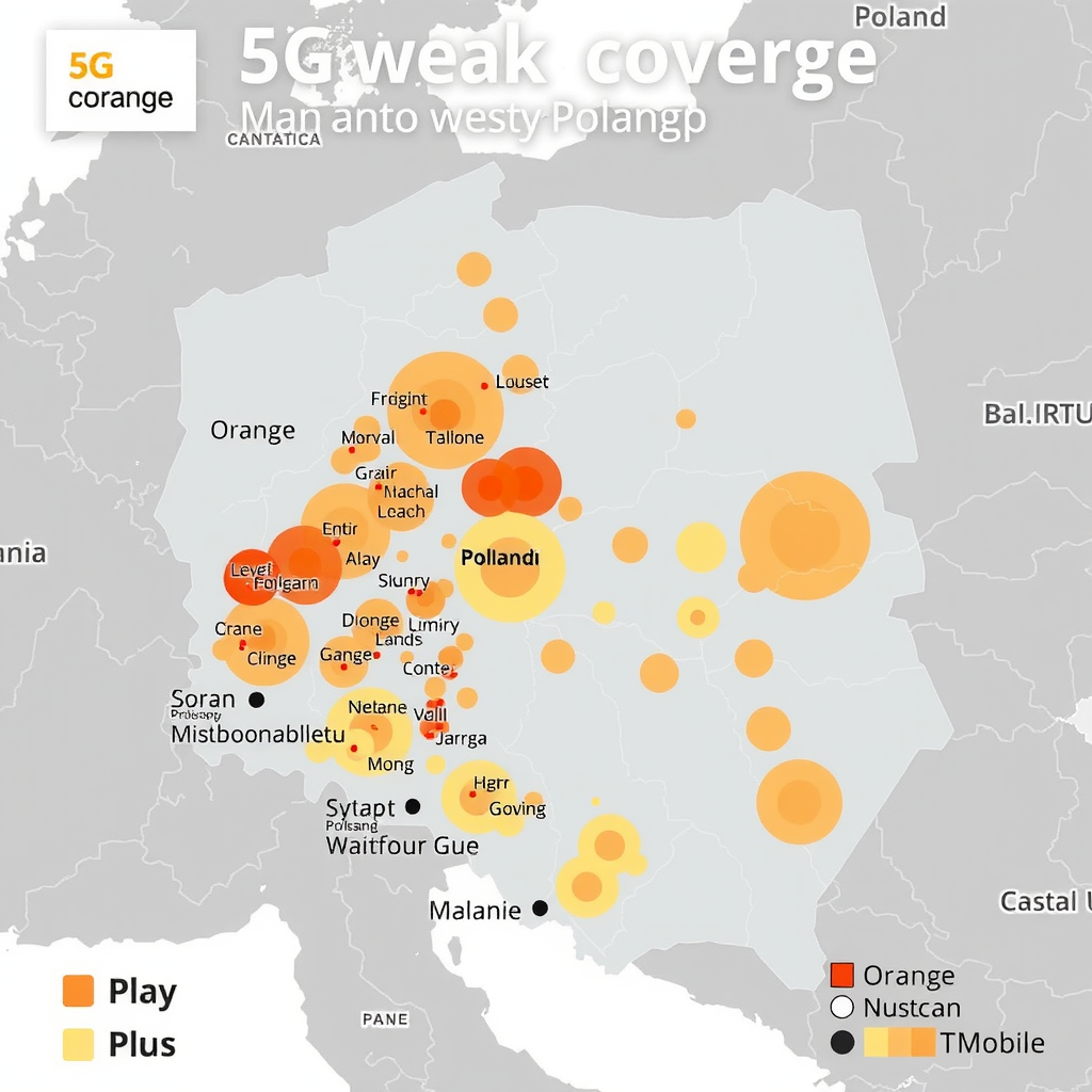 Mapa pokrycia sieci 5G w Polsce pokazująca zasięg Orange, Play, Plus i T-Mobile z kolorowymi strefami pokrycia w głównych miastach i obszarach wiejskich
