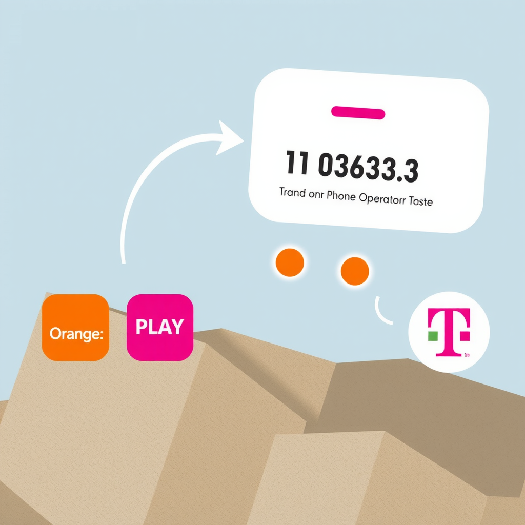 Ilustracja przedstawiająca proces przenoszenia numeru telefonu między różnymi operatorami mobilnymi w Polsce, z symbolami Orange, Play, Plus i T-Mobile