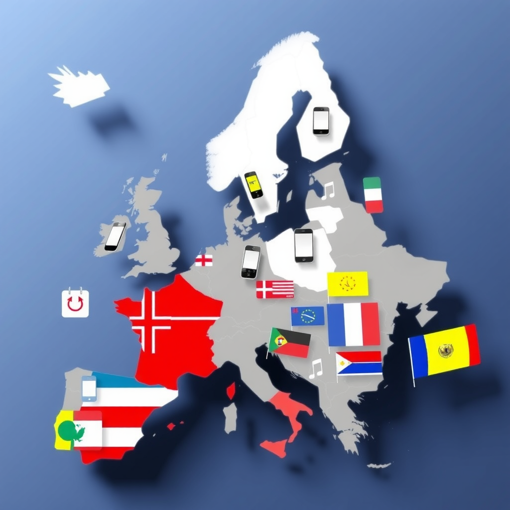 Mapa Unii Europejskiej z symbolami telefonów komórkowych i flagami krajów, ilustrująca zasady roamingu