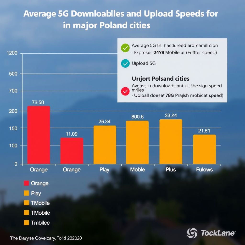 Wykres słupkowy pokazujący średnie prędkości pobierania i wysyłania danych 5G dla Orange, Play, Plus i T-Mobile w głównych miastach Polski