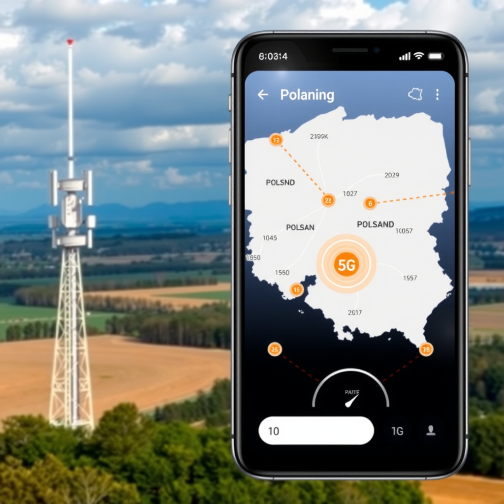 Nowoczesna antena 5G na tle polskiego krajobrazu, mapa Polski z oznaczeniami zasięgu sieci, smartfon pokazujący szybkość internetu, futurystyczna grafika technologiczna