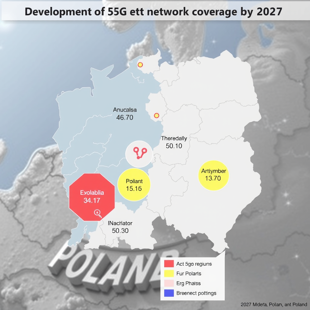 Mapa Polski pokazująca prognozowany rozwój pokrycia sieci 5G do 2027 roku z zaznaczonymi etapami rozbudowy w różnych regionach