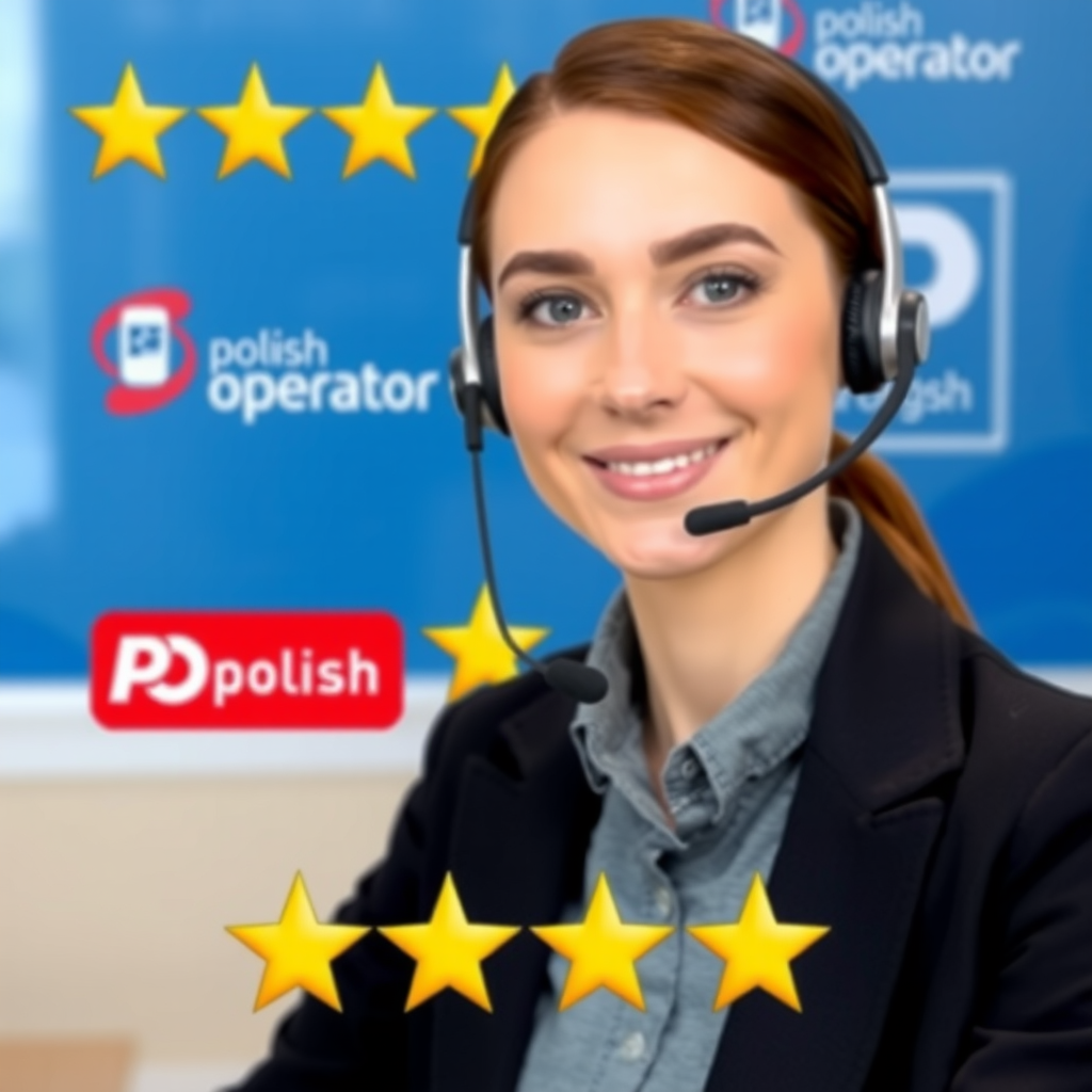 Konsultant obsługi klienta z zestawem słuchawkowym, w tle logo polskich operatorów mobilnych i gwiazdki ocen